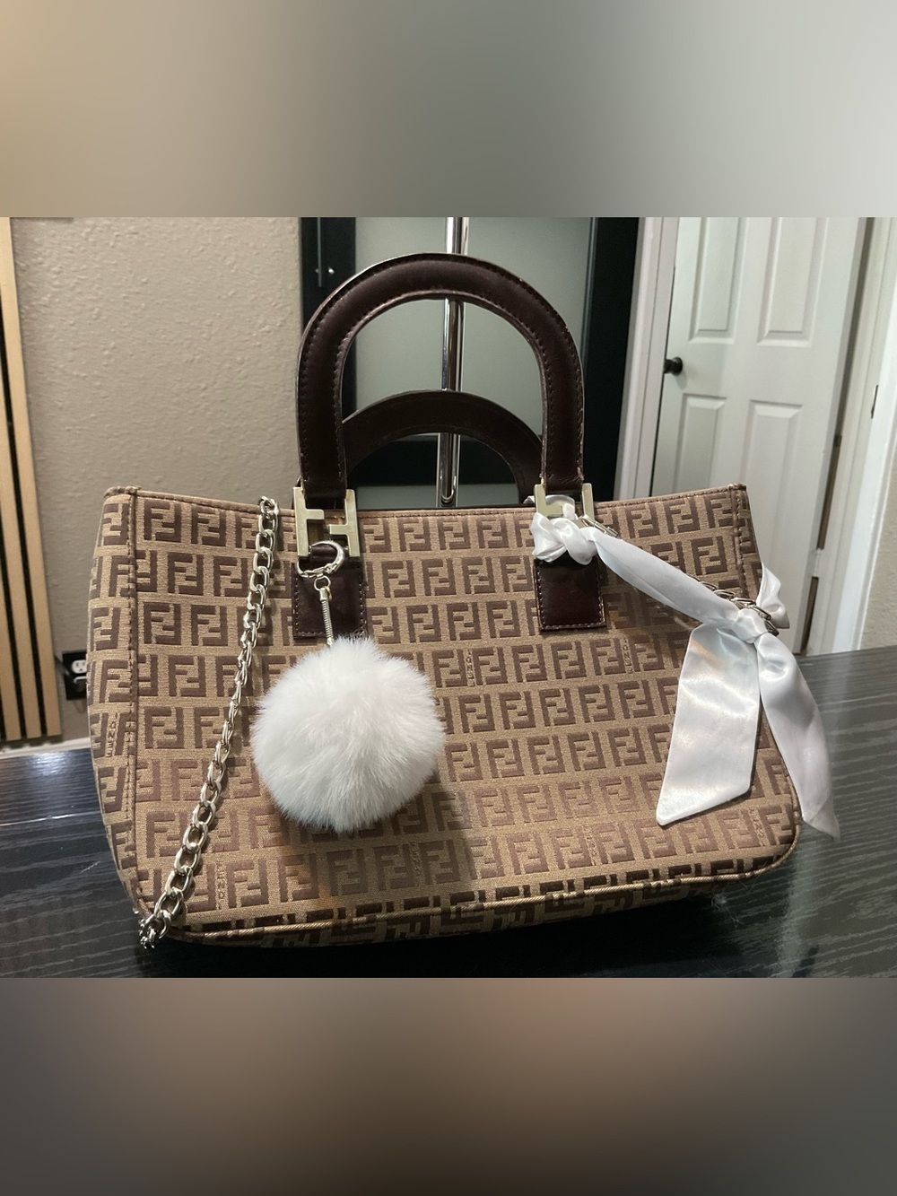 Fendi Brown FF Logo Canvas Satchel with Chain Strap